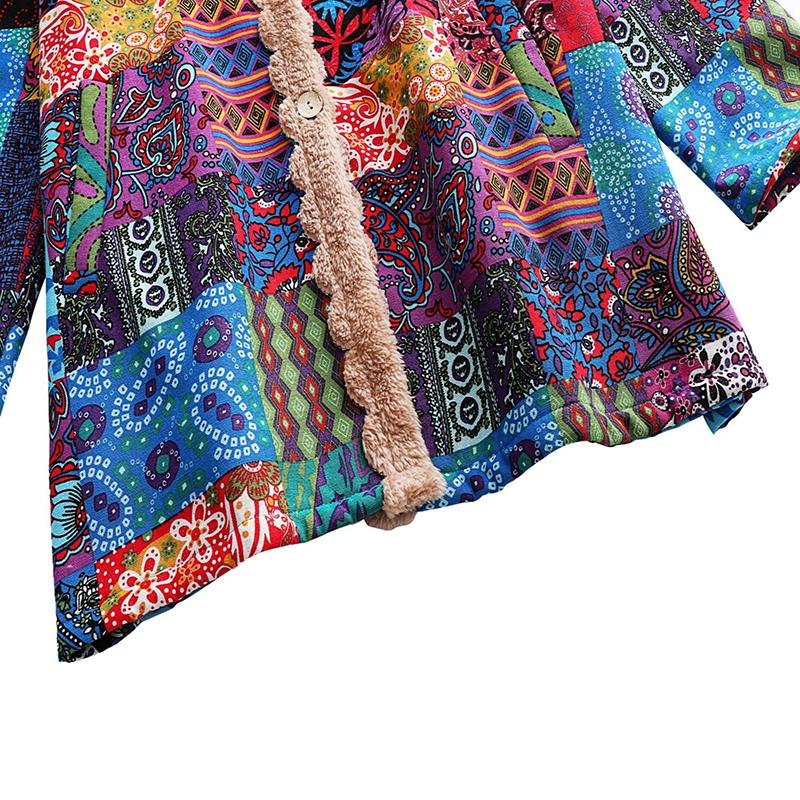 Vintage Warm Print Pocket Thick Zipper Hooded Autumn Winter Coat Women