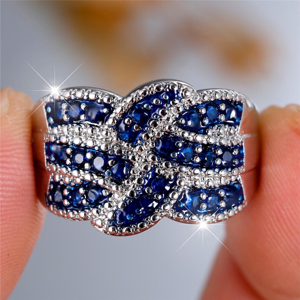 Luxury Female Small White Blue Zircon Stone Finger Ring Vintage Silver Color Wedding Band Bridal Jewelry For Women