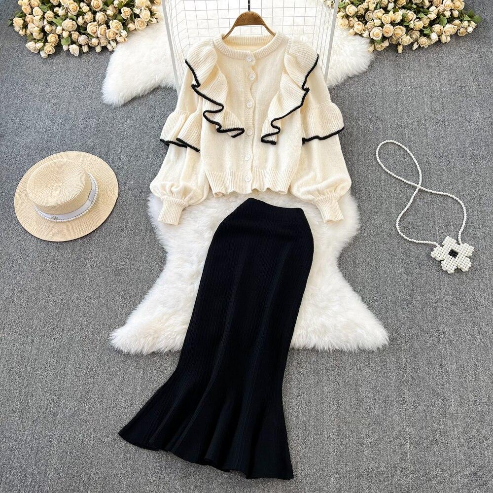 

Модный костюм, женский ретро-темперамент, свитер с рюшами и круглым вырезом, куртка-кардиган + юбка с высокой талией, рыбий хвост, две части One Size белый