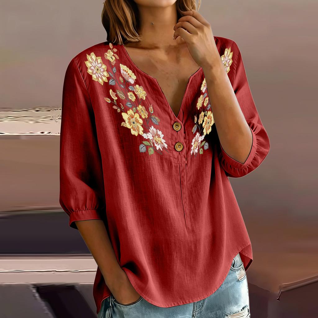 Women Floral Pattern Henley Neck Button Front Three Quarter Sleeve Linen Cotton Blend Shirt Casual Loose Fit Blouse