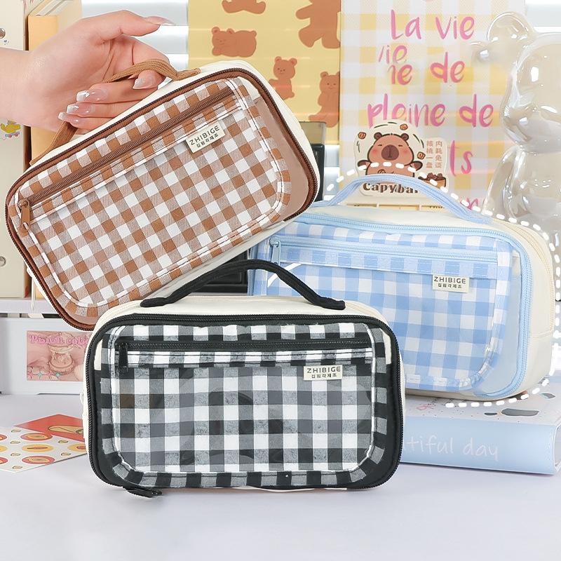 נרתיק עיפרון עם ידית, דגם Ins Mocha Plaid, נרתיק עיפרון גדול, נרתיק עטים רב-תכליתי 13-שכבתי עם חלון שקוף