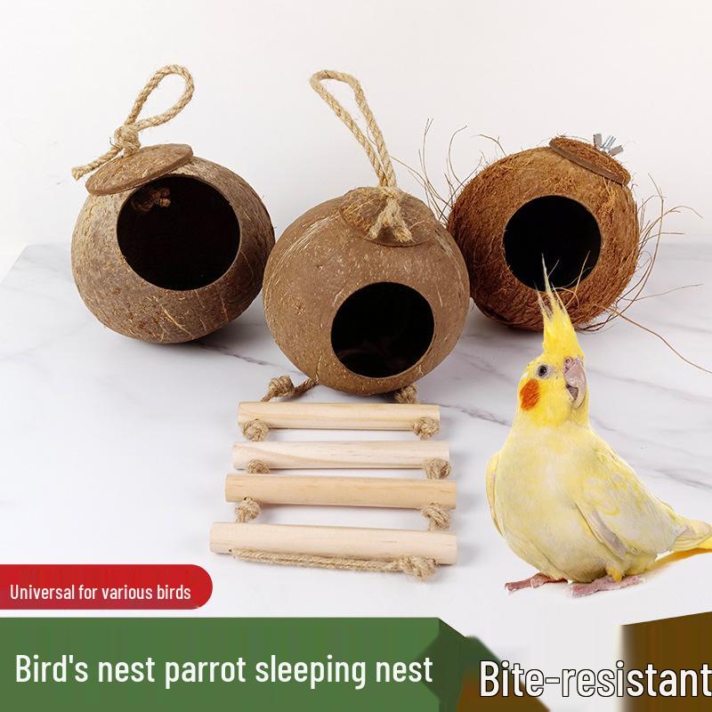 Coconut Shell Parrot & Finch Bird Nest - Natural Straw Woven Habitat for Small Birds