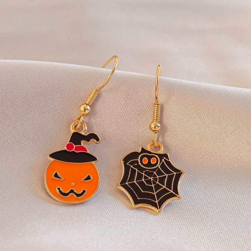 Halloween Asymmetrical Spider Web, Pumpkin, Bat, Imp Earrings, Female Creative Cartoon, Dark Animal Earrings