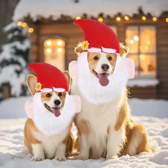 Pălărie de Crăciun pentru câini, pălărie de Moș Crăciun pentru animale de companie cu urechi și barbă, costum de Crăciun, acoperământ pentru cap pentru câini mici, pisici, accesorii festive pentru deghizare
