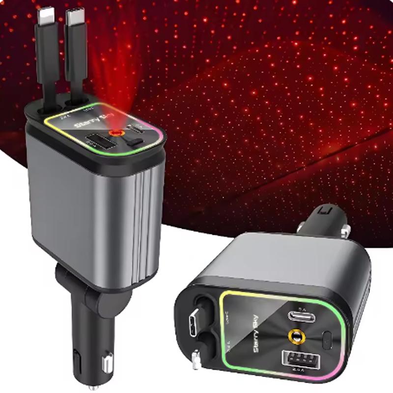 4 in 1 Einziebares Autoladegerät mit USB C Lightning Kabel Sternenhimmel im Autodach Schnellladung für IPhone Samsung Handys