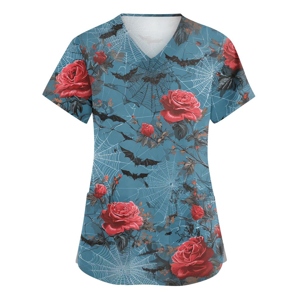 Salopette da donna alla moda con scollo a V e maniche corte con tasche, top stampati, vestiti