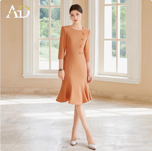 

AD Unique Women s Orange Skin-Whitening Slimming Fishtail Wrap Dress with Round Neck XL
