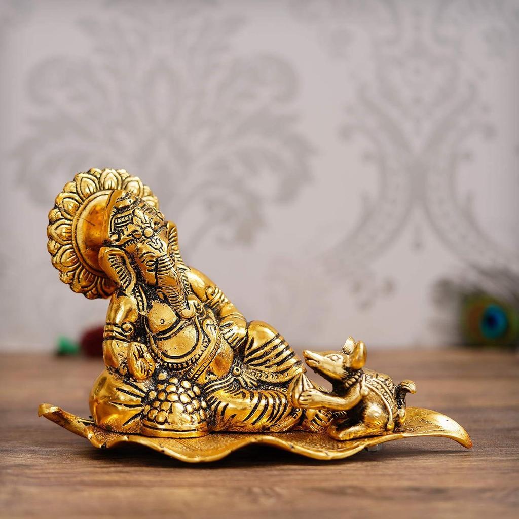 Golden Resting Ganesha with Mushak Metal Decorative Showpiece