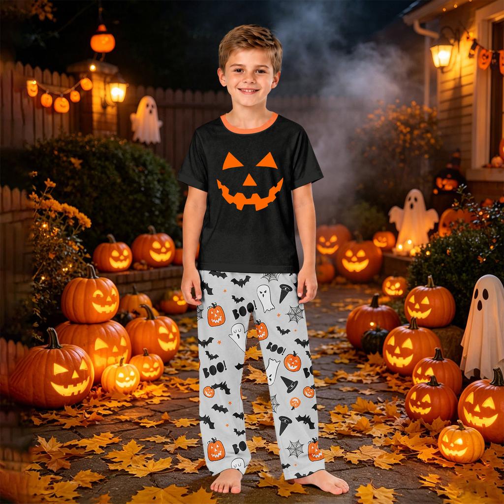 Family Matching Halloween Pajama Set Short Sleeve Top and Pants for Mom and Kids