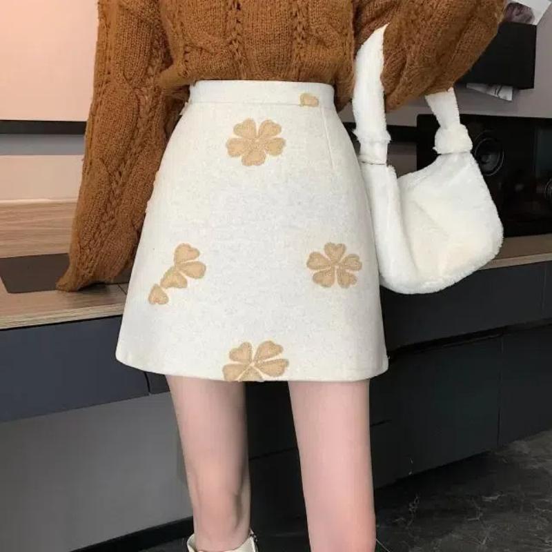 Sweet Fashion Preppy Style Autumn Winter New Women's Woolen Embroidered Zipper Korean Casual High Waist Slim Short A-line Skirt