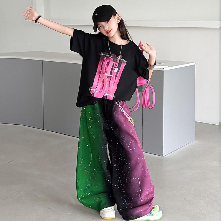 Girls' Summer 2026 Wide-Leg Pants & Loose T-shirt Set - Trendy Printed Design for Medium & Large Kids