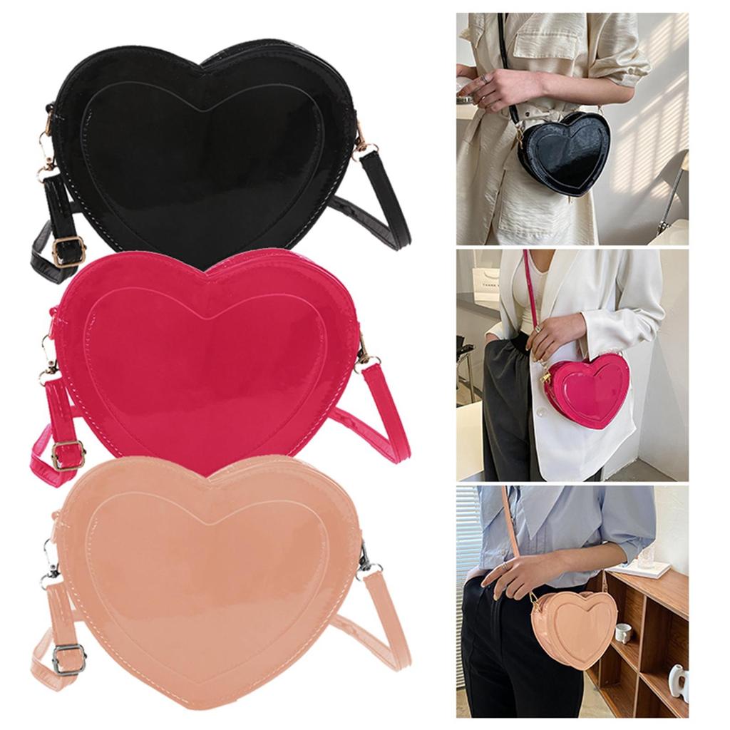 Love Heart Shape Shoulder Bag Glossy PU Leather Adjustable Shoulder Strap Pure Color Casual Trendy Satchel for Women