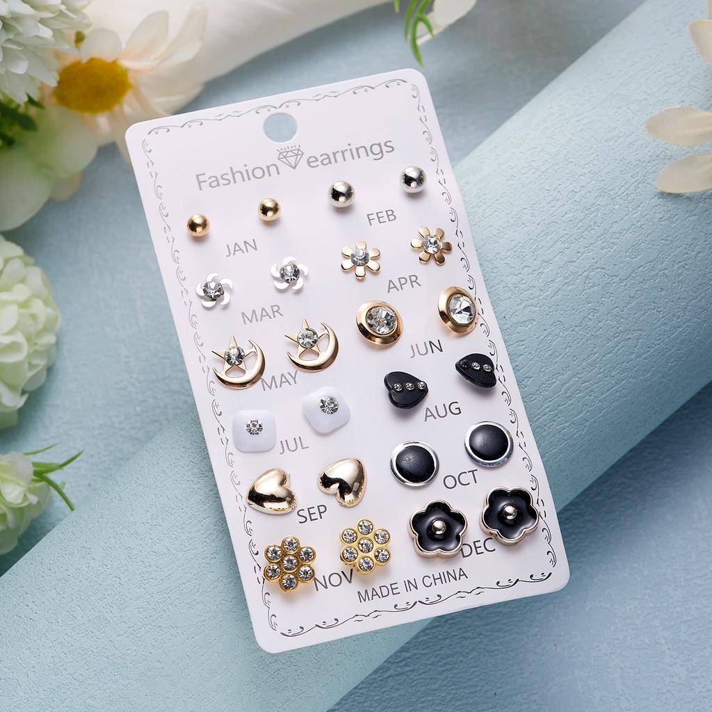 12 Pairs/set Crystal Simulated Pearl Stud Earring Sets For Women Shiny Rhinestone Flower Moon Star Metal Earring Mixed Zircon