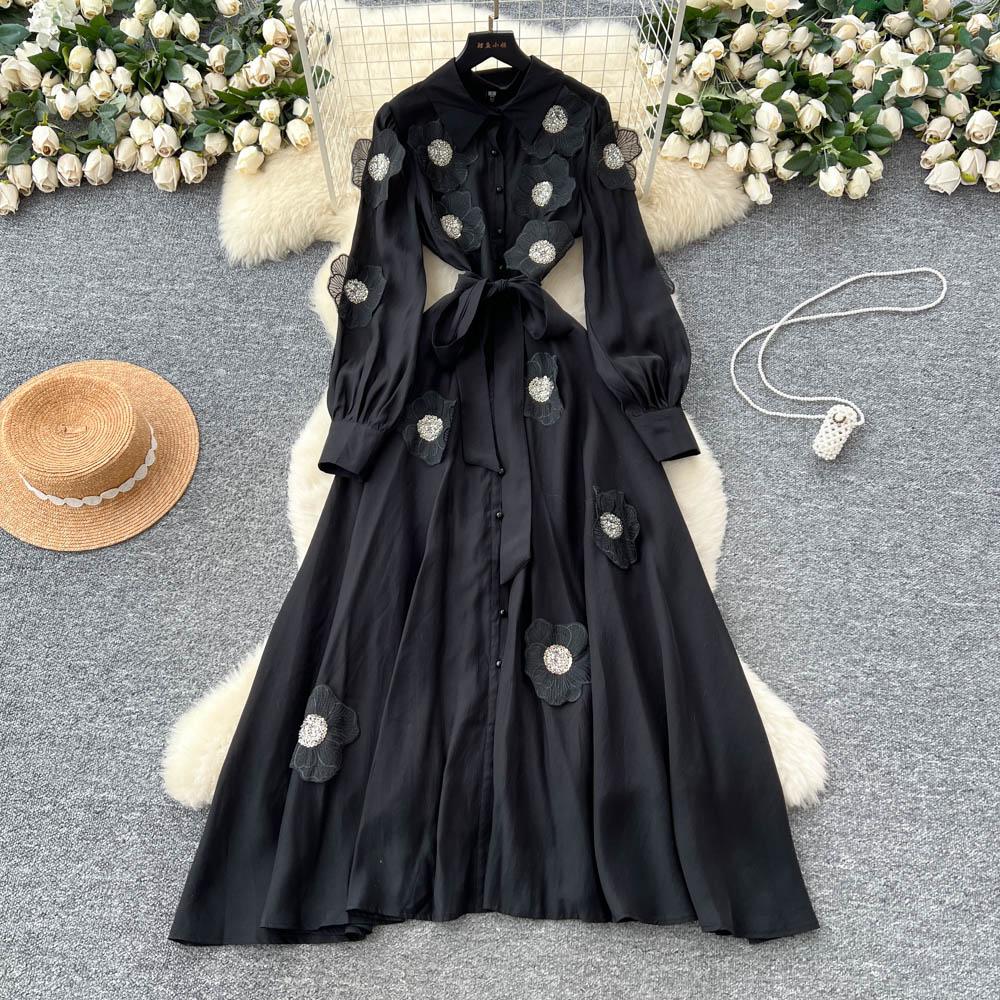 Шикарное винтажное трехмерное однобортное приталенное элегантное сказочное корейское модное бохо женское платье макси S чёрный