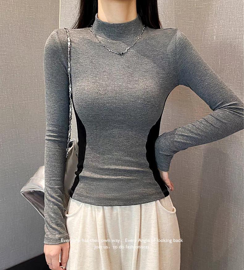 

Women s Slim Fit Color-Block Long-Sleeve T-Shirt, New Autumn Style, Regular Shoulder, Base Layer Top. Small серый