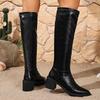 Black Thick Heels Knee High Boots for Women Autumn Winter Pu Leather Long Boots Woman Slip On Pointed Toe Botas Mujer Size 42