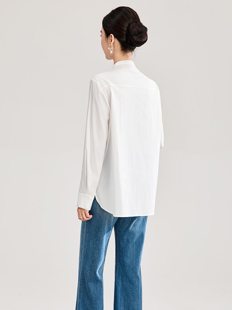 Simple Elegant Tencel Cotton Beaded Sequin Embroidered Loose Long Sleeve Women's Spring Shirt