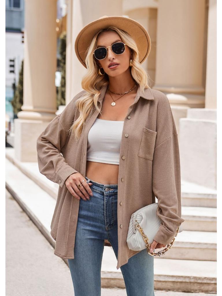 Single Breasted Pocket Waffle Fashion Shirt 2023 Women's Autumn and Winter New European and American Casual Loose Tops