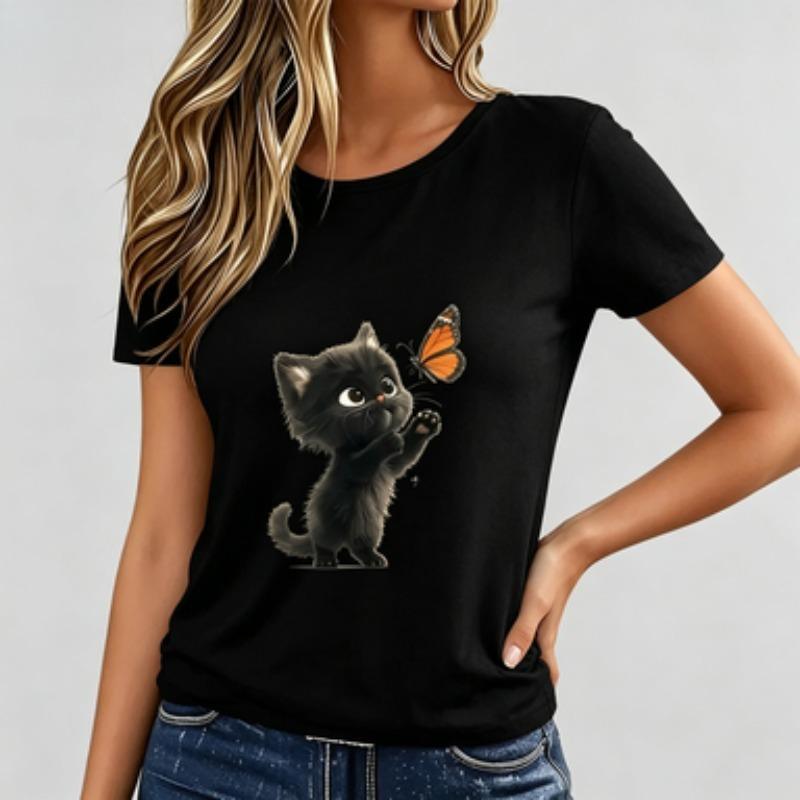 Unisex Print Tshirt Cute Kitten Graphic Casual Short Sleeve Round Neck Tee Top Fashion Animal Lover Shirt White Black