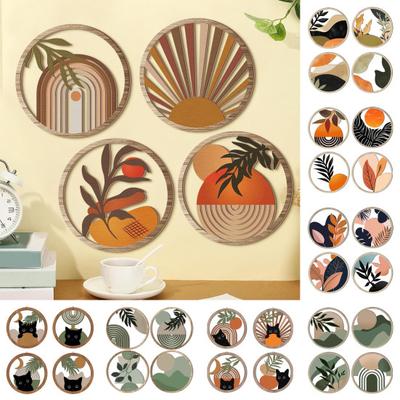 4 Pcs Wooden Round Boho Wall Art Bohemian Hollow Out Circle Wall Decor Neutral Minimalist Farmhouse Wall Hanging Sign for Bedroom Patio Balcony