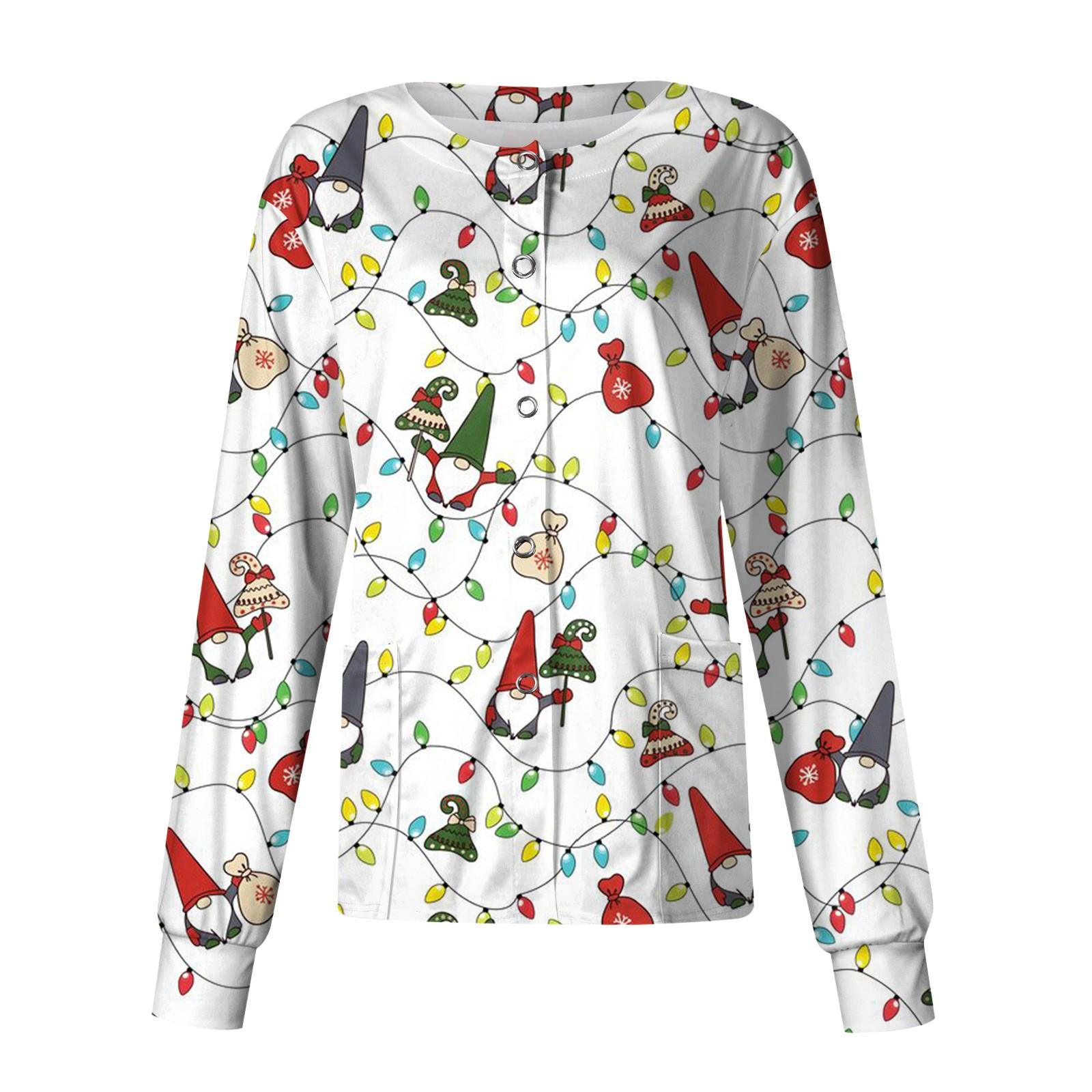 

Женский однобортный защитный комбинезон с длинным рукавом и рождественским принтом, карманный рабочий воротник-стойка, кардиган, куртка, топ XXXL белый