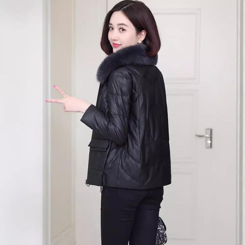 New leather jacket fox fur collar small thickened sheepskin leather down jacket women's fur short coat winter