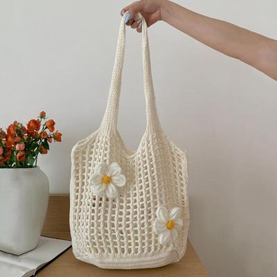 Fashion Summer Beach Floral Decor Women Shoulder Bag Female Hollow Handwoven Knitted Soft Handbag Large Casual Tote Bag