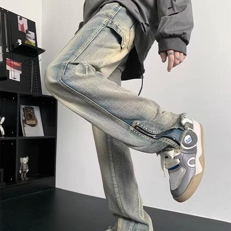 Youthful Vitality Zipper Detail Bootcut Jeans Men's Clothing High Street Denim Pants Distressed Stylish Rough Selvage Trousers