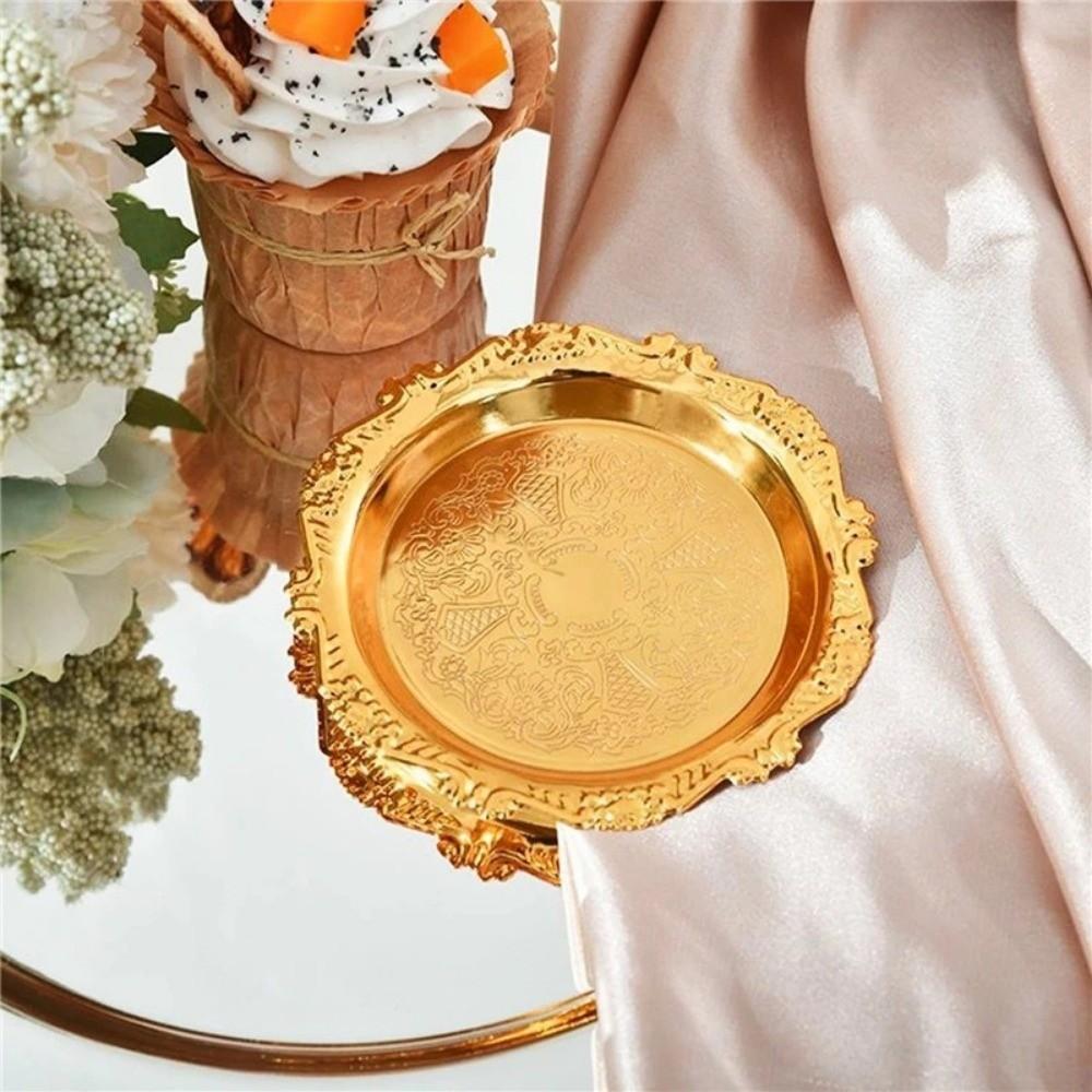 Golden Silver Cake Tray Round Dinner Serving Tray Retro Fruit Snack Plate  Party Decorative