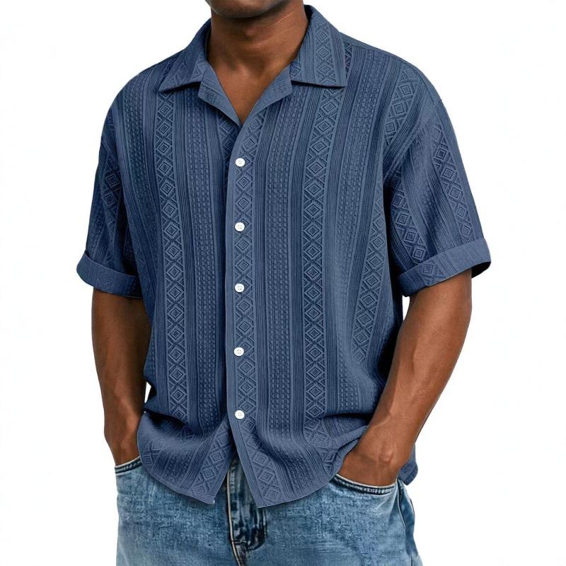 Mens Jacquard Short Sleeve Casual Loose Lapel Solid Vacation Beach Shirt