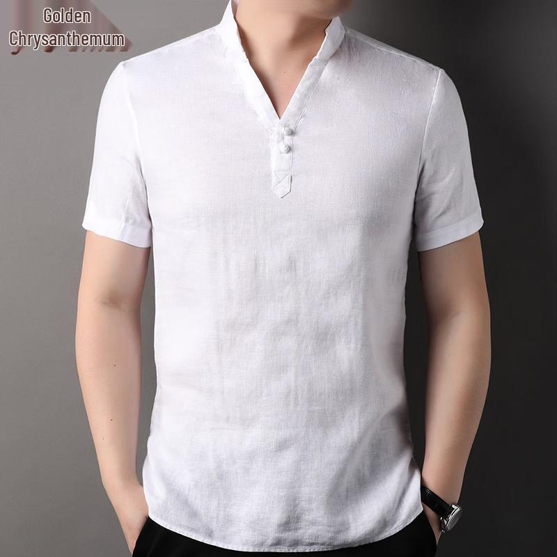 Men s V-Neck Linen Short Sleeve T-Shirt M
