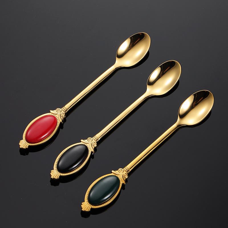 304 Stainless Steel Ceramic Bead Patch Coffee Spoon Gold Colorful Gift Spoon Small Dessert Spoon