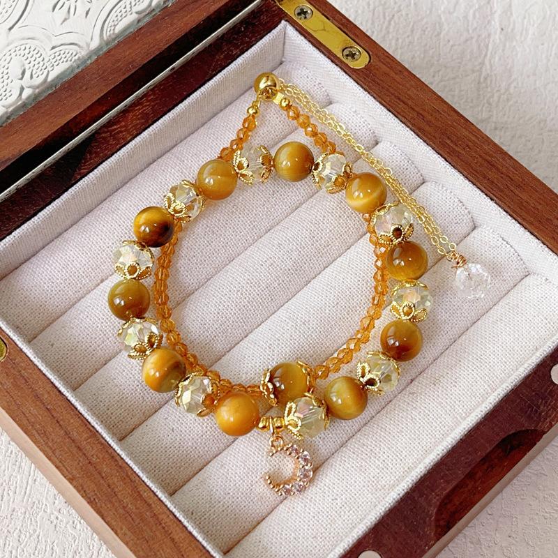 Natural tiger eye stone Golden tiger eye double circle stacked bracelet Women s niche light luxury exquisite