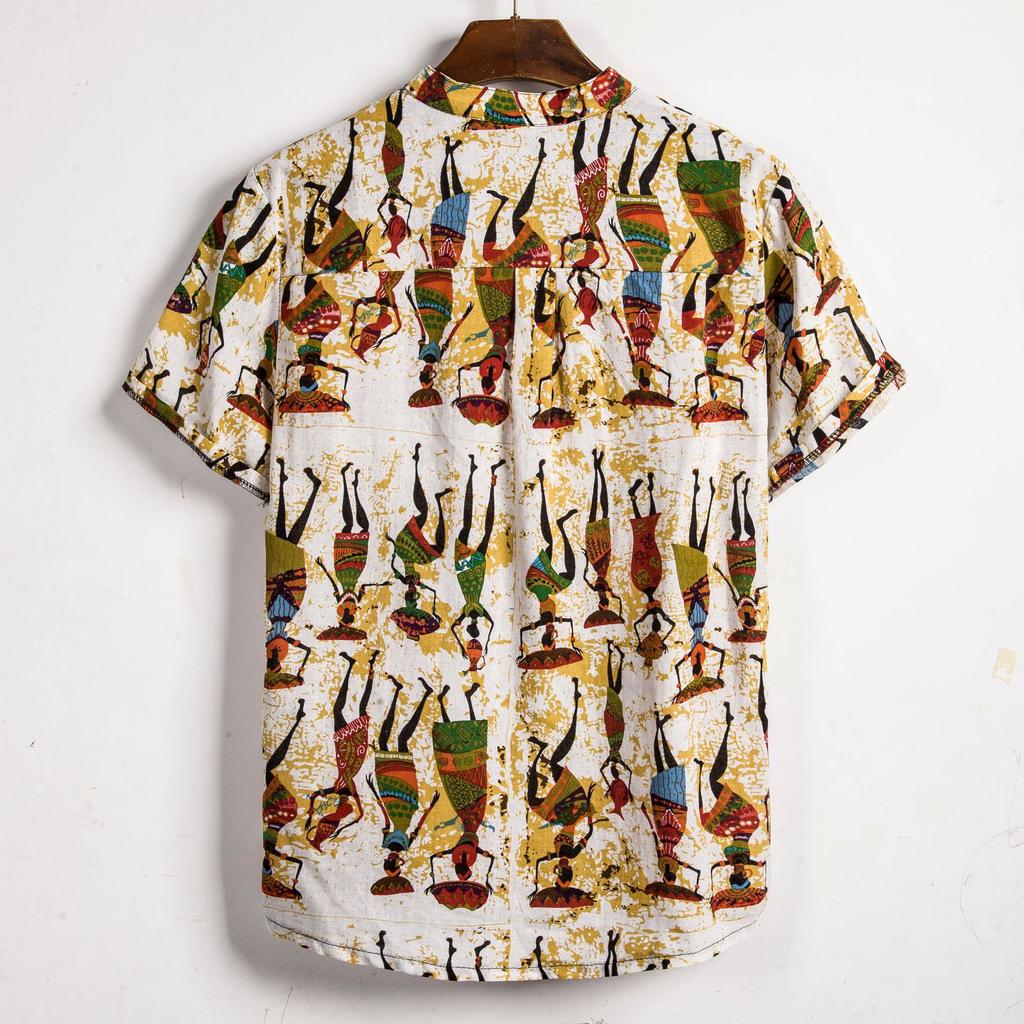 Camicia Casual Estiva da Spiaggia da Uomo con Stampa Foglie Tropicali, Collo Henley, Manica Corta