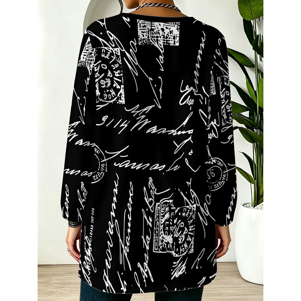 Women's Crew Neck Long Sleeve Top Black Bottom White Handwritten English Letters Postmark Full Printed Pocket Casual Top