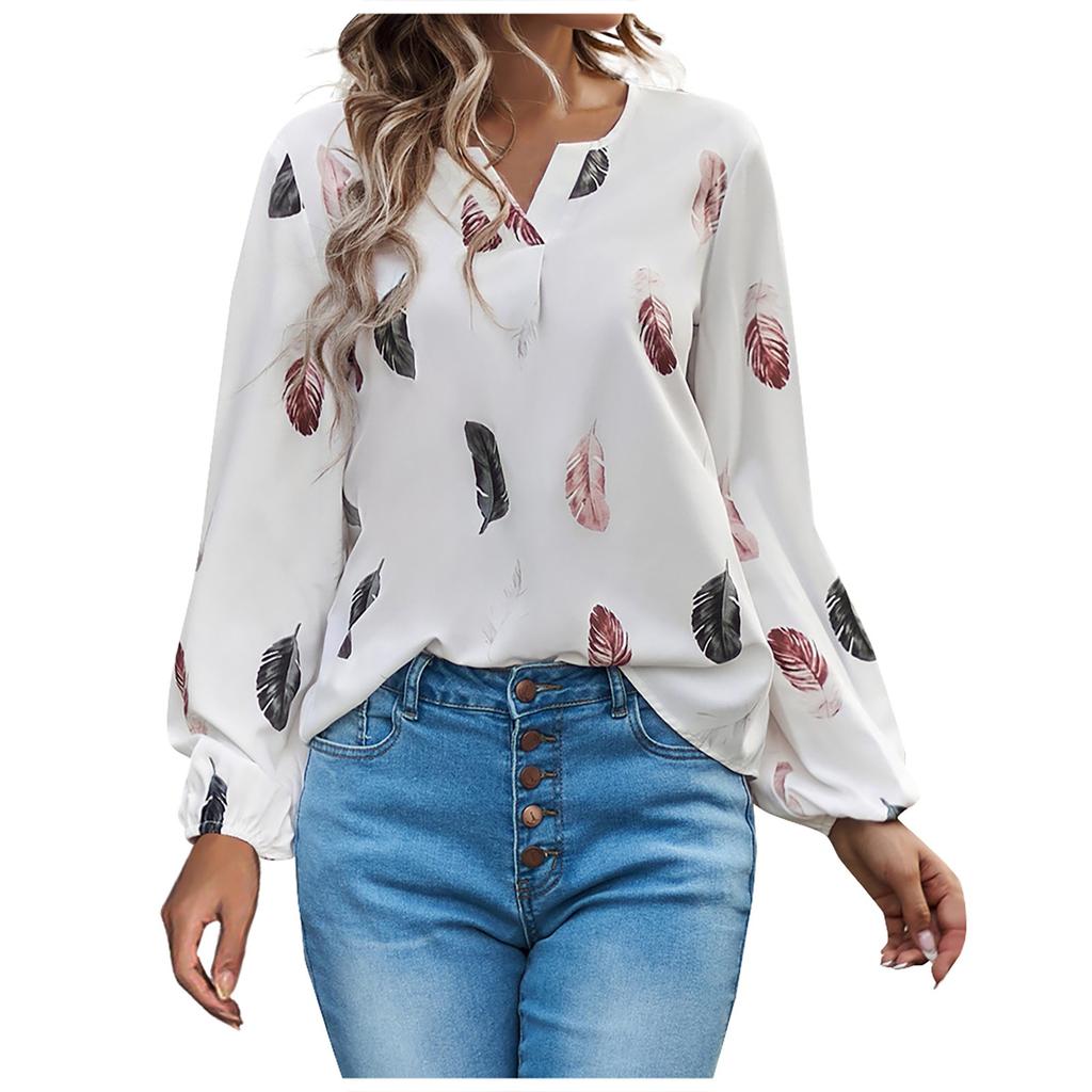 Women's Fashion Loose V-Neck Feather Print Long Sleeve Pullover Shirt Top
