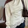 Satin Lace Patchwork Long Shirt Round Neck Slim Belted Blouse Women's Lace-up Tops  Office Ladies