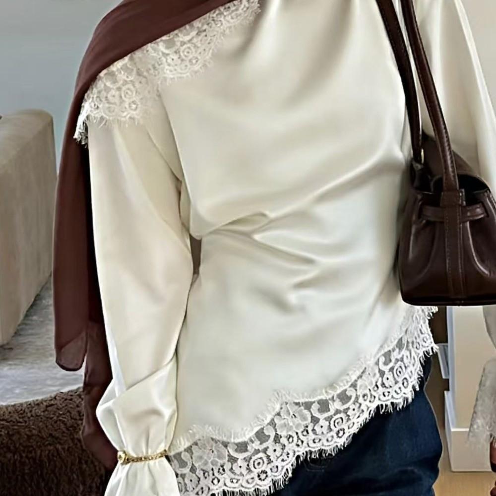 Satin Lace Patchwork Long Shirt Round Neck Slim Belted Blouse Women's Lace-up Tops  Office Ladies