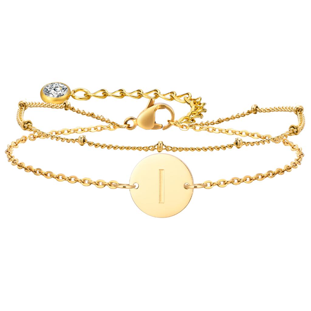 Stainless Steel Polished Round Plate Letter A-Z Double Layer Stacked Bracelet for Women 14K Gold Color Charm Wrist Jewelry Gifts