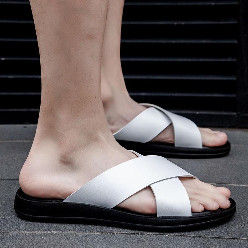 Fashion Men Slippers High Quality Cowhide Leather Slippers Cross-strap Slides Outdoor Non-slip Flat Slippers for Men Casual Beach Slides