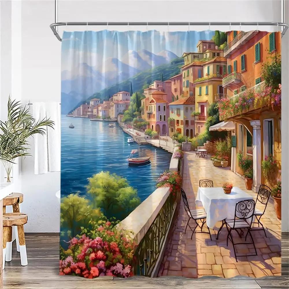 Monika Chen Blue Seaside Town Shower Curtain Ocean Floral Mountain Italian Architectural Scenery Bath Curtains Polyester Home Bathroom Decor