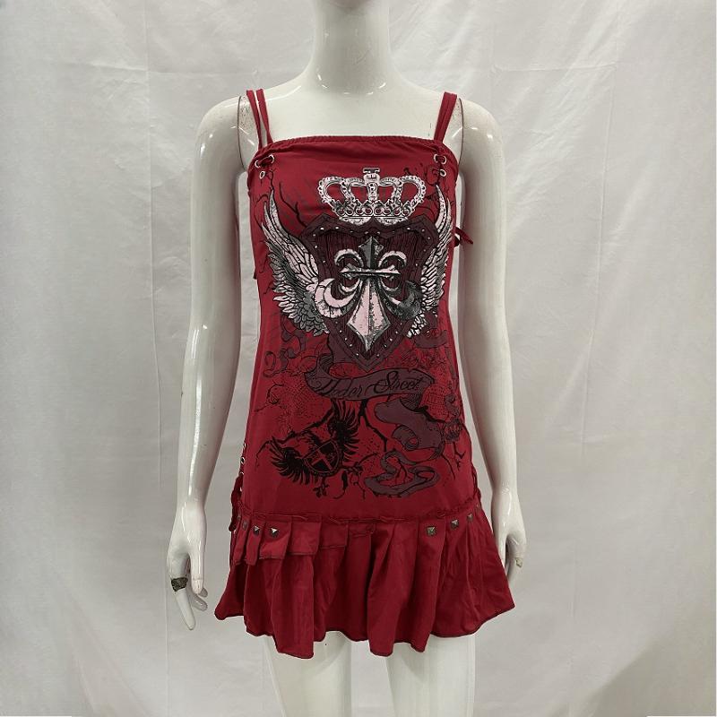 

European and American Y2K slim fit suspender pattern printed fashionable retro dress XL червоний