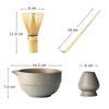 Tea bowl and bowl set for tea ceremony, including tea bowl, whisk stand, whisk (100 prisms), tea scoop, and bowl with horizontal striped pattern on th