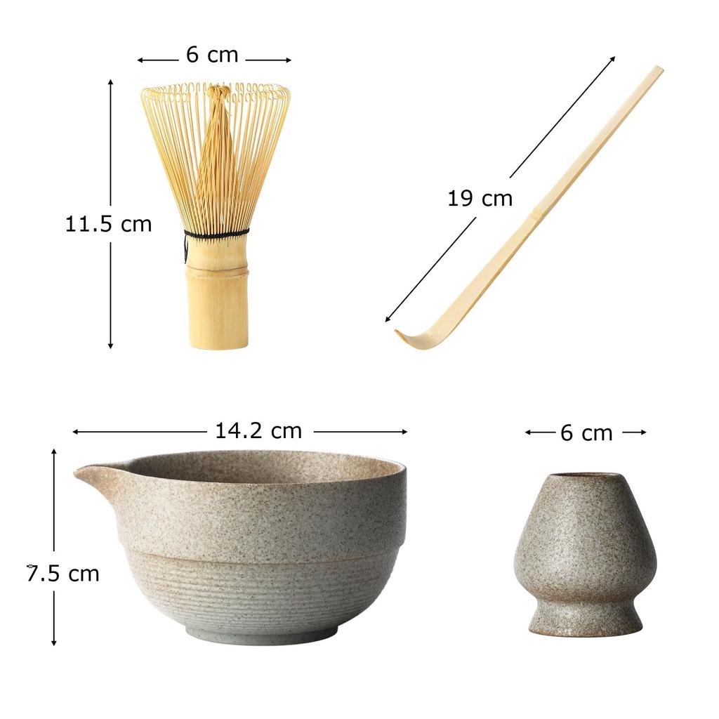 Tea bowl and bowl set for tea ceremony, including tea bowl, whisk stand, whisk (100 prisms), tea scoop, and bowl with horizontal striped pattern on th