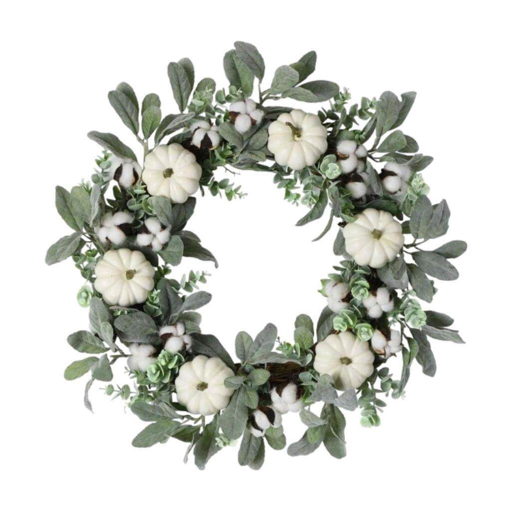 17.72inch Fall Wreath for Front Door Round with White Pumpkin for Holiday Indoor and Outdoor Living Room Housewarming Festival