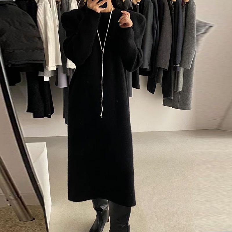 Knitted Sweater Solid Color Medium Long Dress Over Knee Pullover Knitted Loose Base Over Knee Solid Color Women