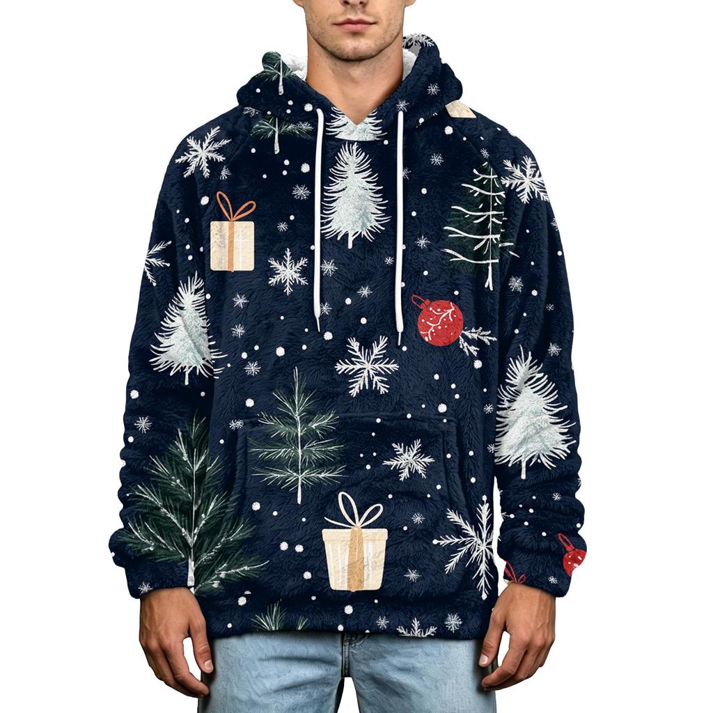 Men's Christmas Print Flannel Hoodie Hooded Casual Pullover Sweatshirt for Fall Winter