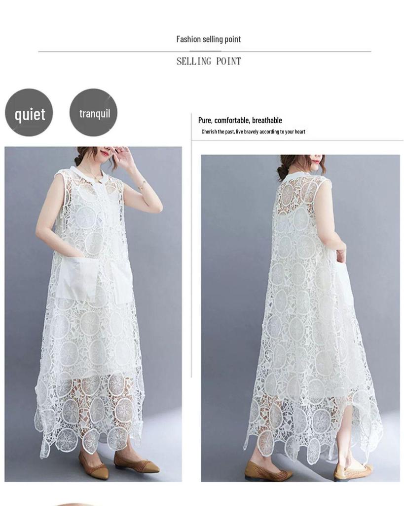 Retro Embroidered Lace Sleeveless Vest Dress Set - Plus Size, Hollow-Out, Two-Piece, Summer Loose Fit.