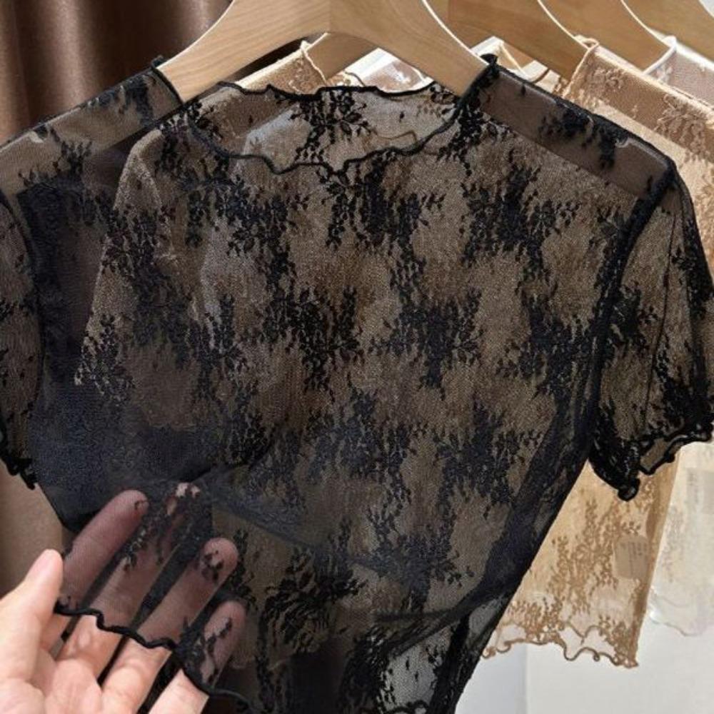 Nylon Sheer Mesh Blouse Short Sleeve Hollow Out Layering Tee Cool Sling Dress Cover Up  Women