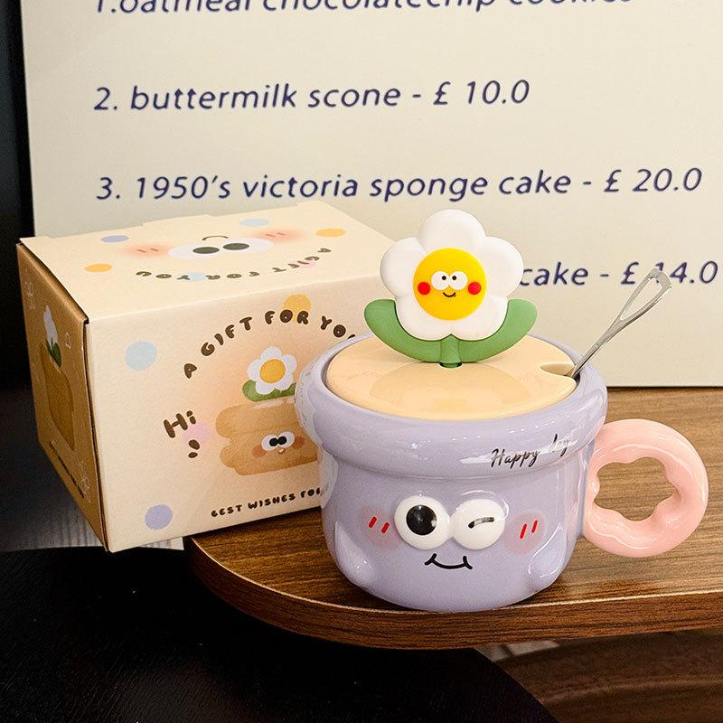 

Beautiful Flower Ceramic Mug with Lid Spoon Girly Heart Household Water Cup Coffee Cup Ceramic Water Cup Souvenir 370ml